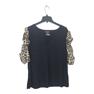 Madison Paris New York Blouse 2X Sheer Cheetah Sleeves Gold Clasp Keyhole